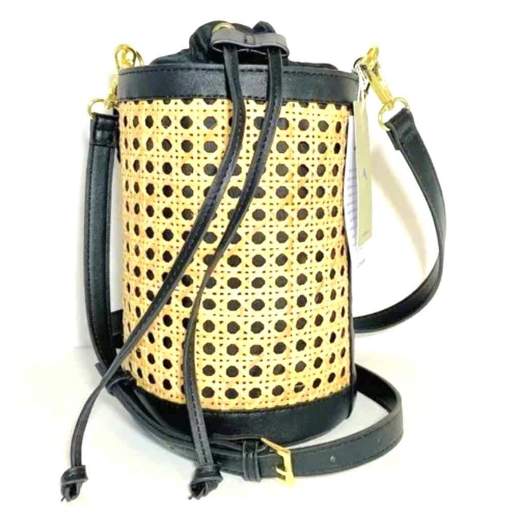 Tommy Bahama Woven Rattan Bucket Bag in Black and Cream